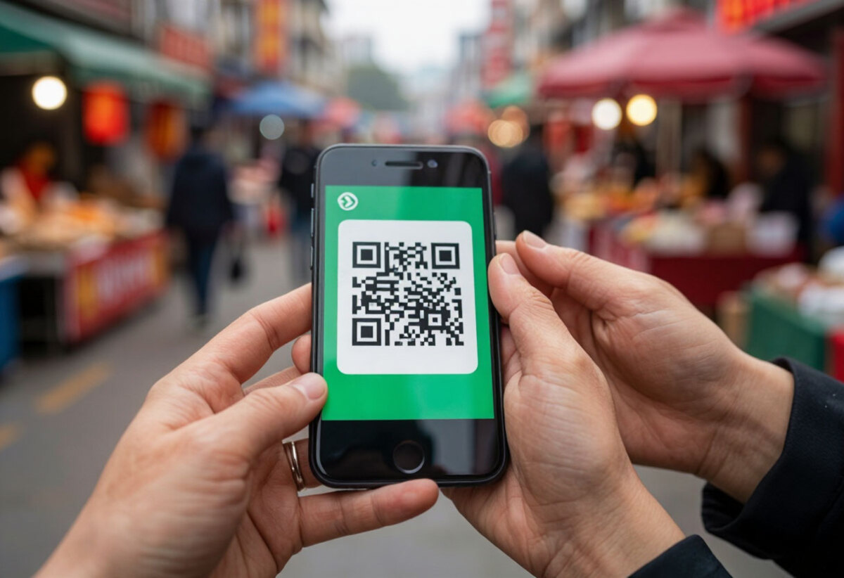 Оплата QR-кодом через телефон на рынке в Китае